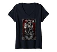Women's Spiral Original - Death Tarot - Gothic Reaper V-Neck T-Shirt, Black, Small