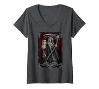 Women's Spiral Original - Death Tarot - Gothic Reaper V-Neck T-Shirt, Dark Heather Grey, Medium