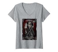 Women's Spiral Original - Death Tarot - Gothic Reaper V-Neck T-Shirt, Heather Grey, Small