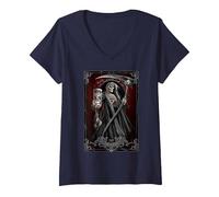 Women's Spiral Original - Death Tarot - Gothic Reaper V-Neck T-Shirt, Navy Blue, X-Large