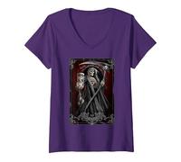Women's Spiral Original - Death Tarot - Gothic Reaper V-Neck T-Shirt, Purple, X-Large