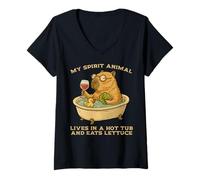 Womens Spirit Animal Eats Lettuce Capybara Animal Rodent Capybaras V-Neck T-Shirt