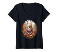 Womens Spiritual Dog meditate in an autum forest 1 - Fan Fun V-Neck T-Shirt