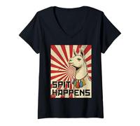 Women's Spit Happens - Funny Retro Llama Propaganda Meme V-Neck T-Shirt