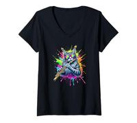 Womens Splash Art Flautist Maine Coon American Longhair V-Neck T-Shirt