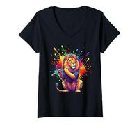 Women's Splash Art Flute Lion Flautist V-Neck T-Shirt