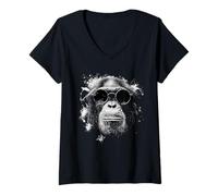 Women's Splash Art Grunge Style Chimpanzee with Shades V-Neck T-Shirt