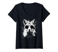 Women's Splash Art Grunge Style Fox with Shades V-Neck T-Shirt