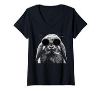 Women's Splash Art Grunge Style Holland Lop Rabbit with Shades V-Neck T-Shirt