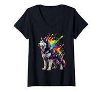 Women's Splash Art Siberian Husky V-Neck T-Shirt