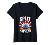 Womens Split Happens - Men & Women Players - Ten Pin Bowling V-Neck T-Shirt