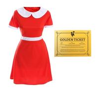 Womens Spoilt Golden Ticket Winner Fancy Dress Costume - UK 12-14 Red Dress with White Collar, Golden Ticket - Adults Ladies TV/Film World Book Day Fancy Dress Costume