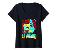 Womens Spongebob and Patrick Be Weird Wavy Text Funny Cartoon V-Neck T-Shirt