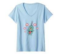 Womens SpongeBob SquarePants Plankton with Flowers Cartoon Graphic V-Neck T-Shirt