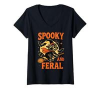 Womens Spooky and Feral Raccoon Halloween Costume Trash Panda Witch V-Neck T-Shirt