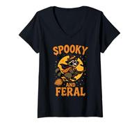 Womens Spooky and Feral Raccoon Halloween Costume Trash Panda Witch V-Neck T-Shirt