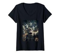 Womens Spooky Bigfoot Selfie with Ghosts Haunted Forest Halloween V-Neck T-Shirt