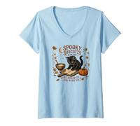 Women's Spooky Biscuits Bakery Black Cat Kneading Ghost Dough V-Neck T-Shirt