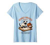 Women's Spooky Biscuits Bakery Cat Kneading Ghost Dough V-Neck T-Shirt