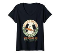 Women's Spooky Biscuits Bakery Ghost Baker Logo V-Neck T-Shirt