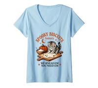 Women's Spooky Biscuits Bakery Kitten Baking Ghost V-Neck T-Shirt