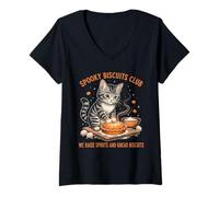 Women's Spooky Biscuits Club Cat Funny Halloween Baking V-Neck T-Shirt