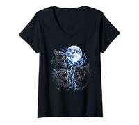 Women's Spooky Black Gothic Cats Funny Meow Howling Moon Cat Meme V-Neck T-Shirt