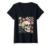 Womens Spooky Boho Floral Skeleton Halloween - Cottagecore Goth V-Neck T-Shirt