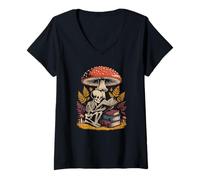 Women's Spooky Bookish Skeleton Reading Under A Forest Toadstool V-Neck T-Shirt