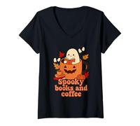 Womens Spooky Books and Coffee Book Lover Fall Tee V-Neck T-Shirt