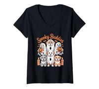 Womens Spooky Buddies Cute Halloween Puppy Ghost Costume V-Neck T-Shirt