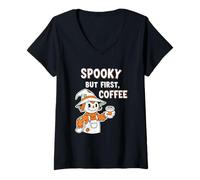 Womens Spooky but First Coffee Scarecrow V-Neck T-Shirt