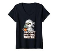 Womens Spooky but First Coffee Tired Mummy V-Neck T-Shirt