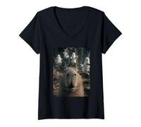 Womens Spooky Capybara Selfie with Ghosts Haunted Forest Halloween V-Neck T-Shirt