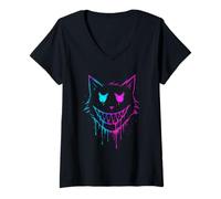 Womens Spooky Colorful Cat Face V-Neck T-Shirt