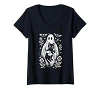 Womens Spooky Cute Folk Art Ghost with Black Cat Halloween V-Neck T-Shirt