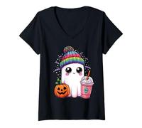 Womens Spooky Cute Ghost Drinking Pumpkin Iced Coffee Halloween Bow V-Neck T-Shirt