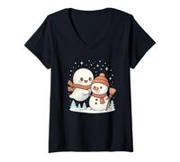 Womens Spooky Cute Ghost Playing with Snowman Winter Christmas V-Neck T-Shirt