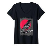 Women's Spooky Forest Raven | Gothic Red Moon Black Crow V-Neck T-Shirt
