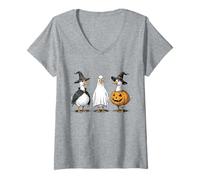 Womens Spooky Geese Halloween Pumpkin Fall Boo Ghost Silly-Goose V-Neck T-Shirt