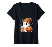 Womens Spooky Ghost with Pumpkin and Drink V-Neck T-Shirt