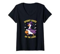 Womens Spooky Goose On The Loose Funny Witch Pumpkin Halloween V-Neck T-Shirt