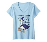 Womens Spooky Goose on The Loose Halloween bat Witch hat Pumpkin V-Neck T-Shirt