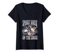 Womens Spooky Goose On The Loose Silly Goose Meme Retro Halloween V-Neck T-Shirt