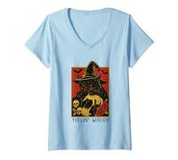 Womens Spooky Halloween Cat Witch Blood Roses V-Neck T-Shirt