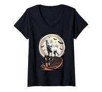 Womens Spooky Halloween Moon Chinese Shar-Pei Shar Pei V-Neck T-Shirt