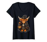 Women's Spooky Highland Cow Witch Halloween Pumpkin Lantern V-Neck T-Shirt