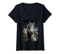 Womens Spooky Horse Selfie with Ghosts Haunted Forest Halloween V-Neck T-Shirt