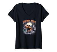 Women's Spooky Jaws Shark Horror Halloween Moon V-Neck T-Shirt