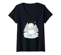 Womens Spooky Kawaii Ghost Ice Skating with Winter Trees Christmas V-Neck T-Shirt